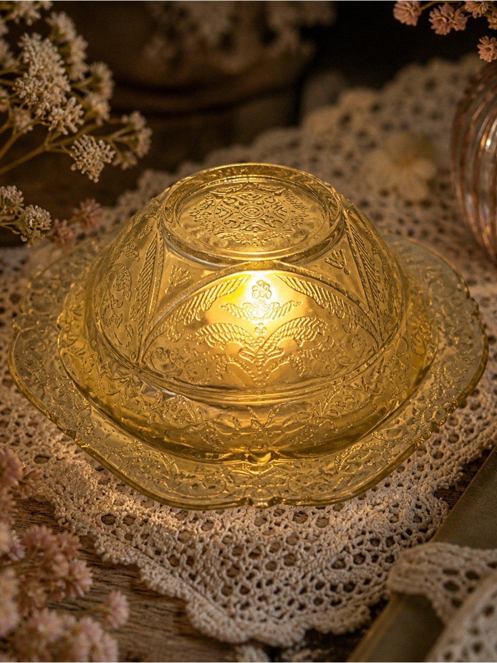 Vintage Amber Etched Glass Fairy Lamp Cottagecore Candle Glow Dish